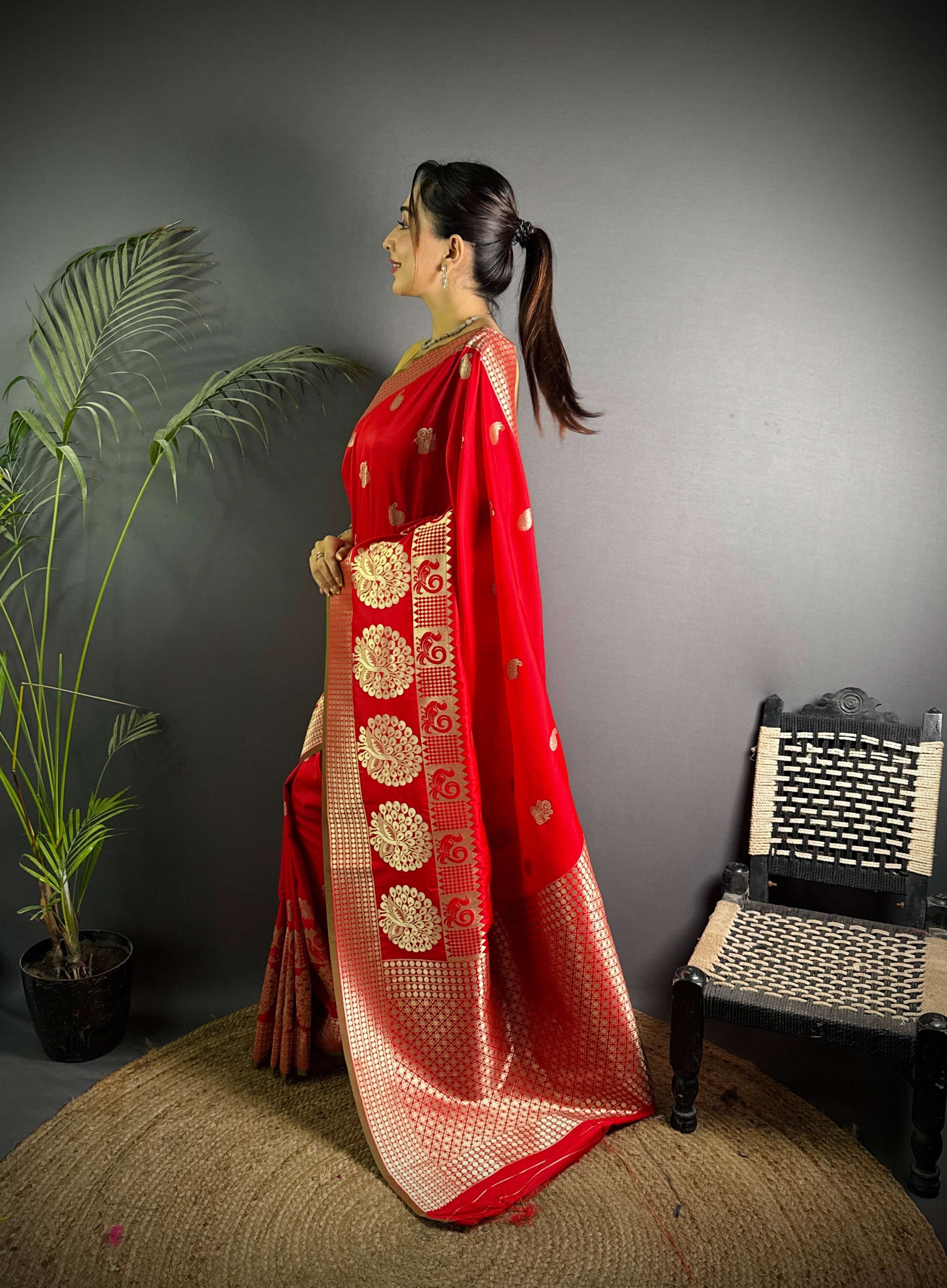 Sonakshi Women's Red Soft Banarasi Lichi Silk Golden Zari Weaving Traditional Saree with Blouse | Grocsy
