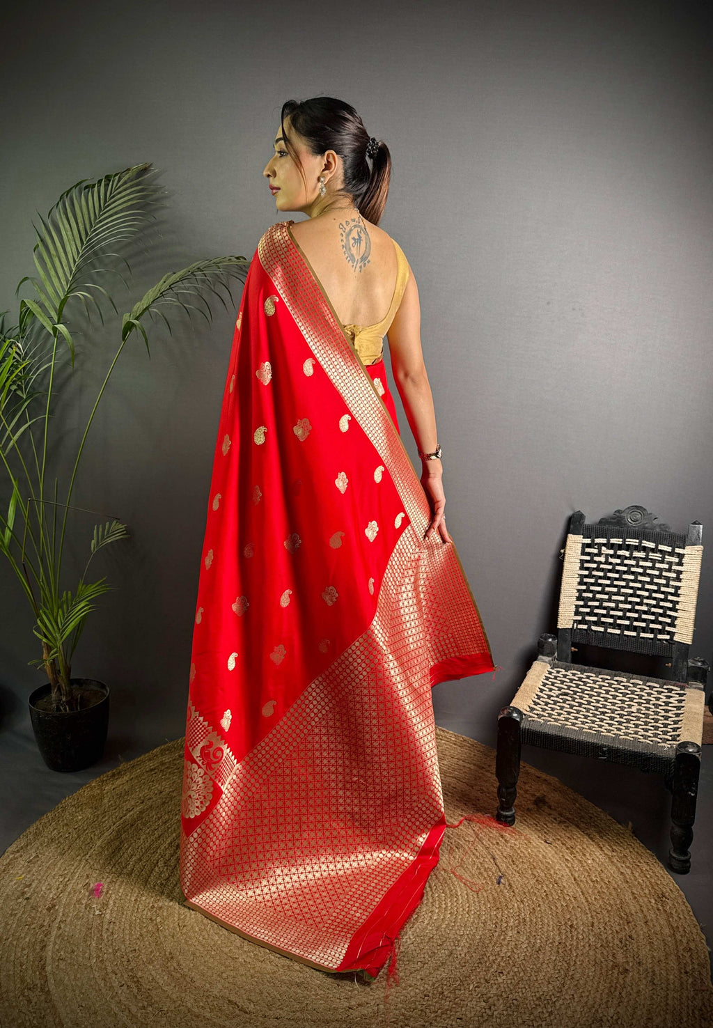 Sonakshi Women's Red Soft Banarasi Lichi Silk Golden Zari Weaving Traditional Saree with Blouse | Grocsy