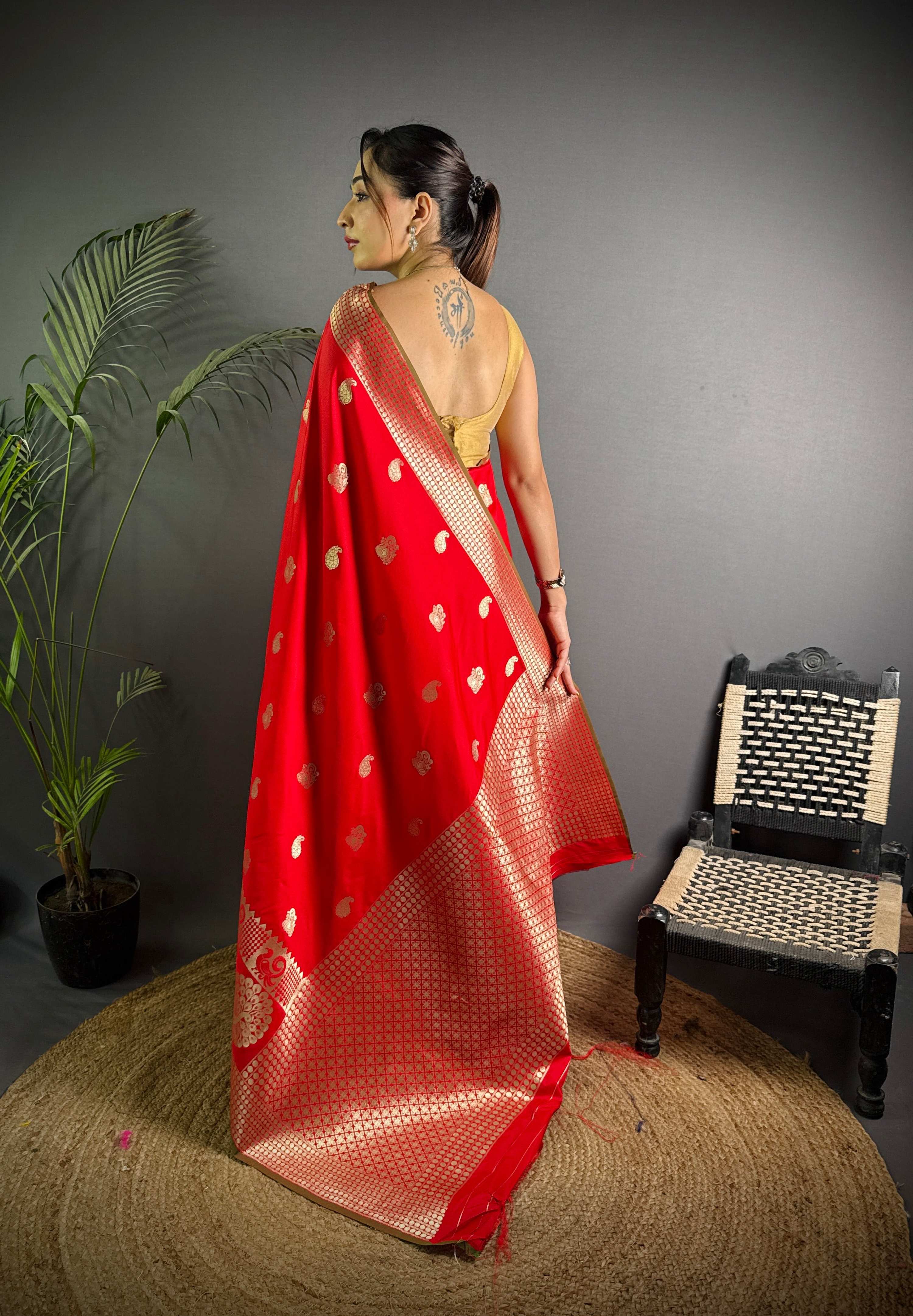 Sonakshi Women's Red Soft Banarasi Lichi Silk Golden Zari Weaving Traditional Saree with Blouse | Grocsy