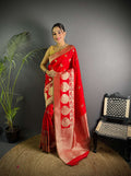 Sonakshi Women's Red Soft Banarasi Lichi Silk Golden Zari Weaving Traditional Saree with Blouse | Grocsy