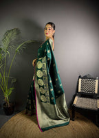 Sonakshi Women's Ramagreen Soft Banarasi Lichi Silk Golden Zari Weaving Traditional Saree with Blouse | Grocsy