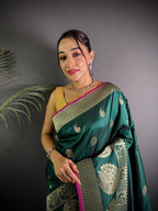 Sonakshi Women's Ramagreen Soft Banarasi Lichi Silk Golden Zari Weaving Traditional Saree with Blouse | Grocsy