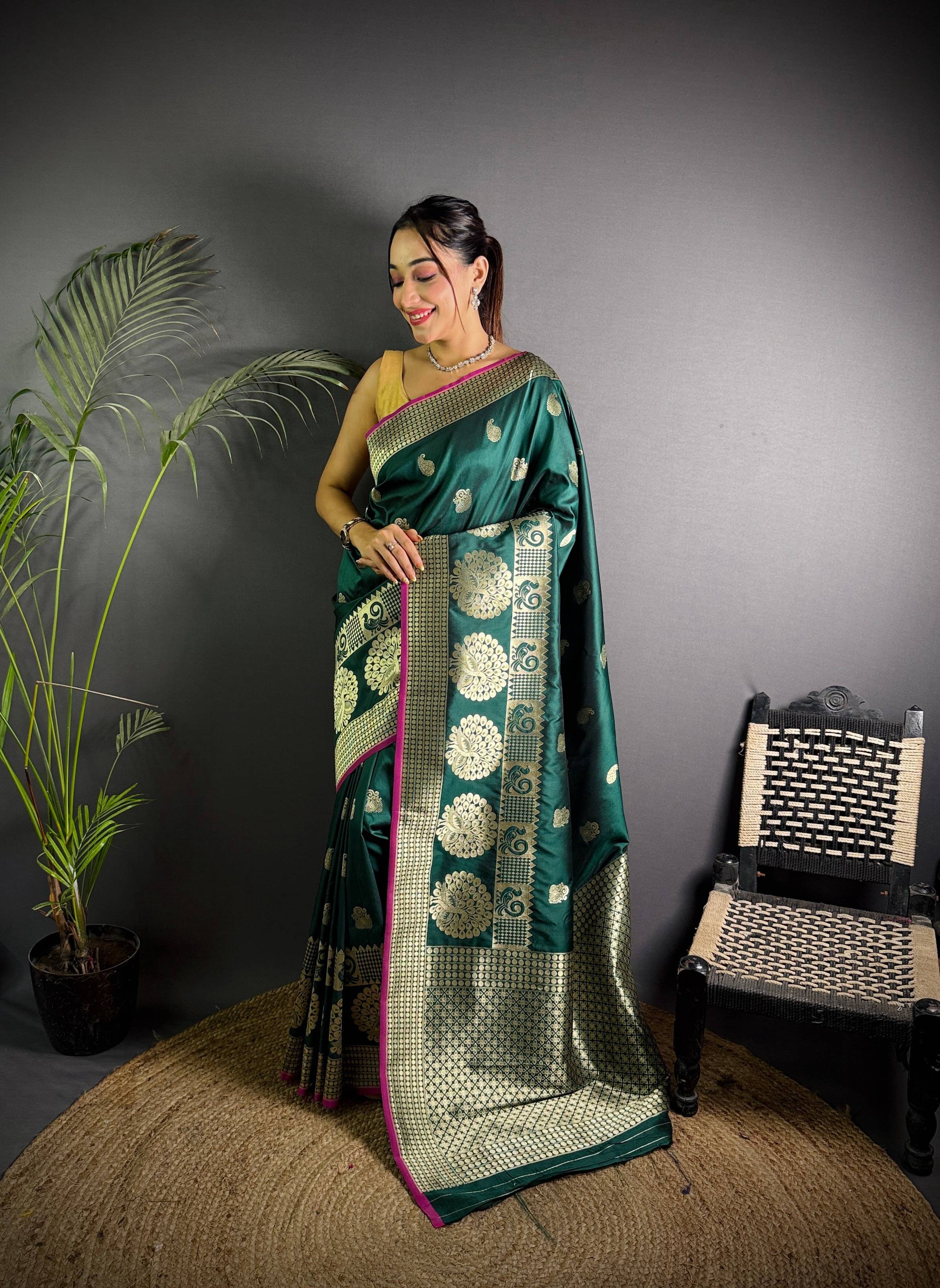 Sonakshi Women's Ramagreen Soft Banarasi Lichi Silk Golden Zari Weaving Traditional Saree with Blouse | Grocsy