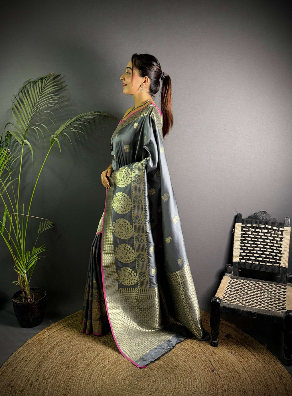 Sonakshi Women's Grey Soft Banarasi Lichi Silk Golden Zari Weaving Traditional Saree with Blouse | Grocsy