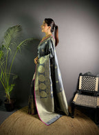 Sonakshi Women's Grey Soft Banarasi Lichi Silk Golden Zari Weaving Traditional Saree with Blouse | Grocsy