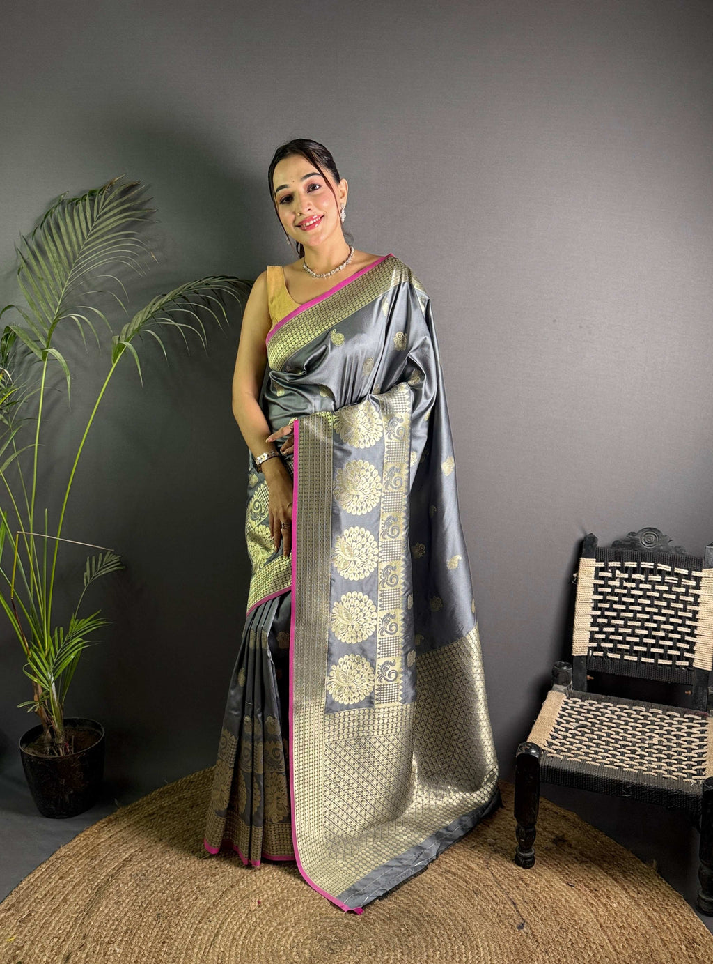 Sonakshi Women's Grey Soft Banarasi Lichi Silk Golden Zari Weaving Traditional Saree with Blouse | Grocsy
