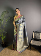 Sonakshi Women's Grey Soft Banarasi Lichi Silk Golden Zari Weaving Traditional Saree with Blouse | Grocsy