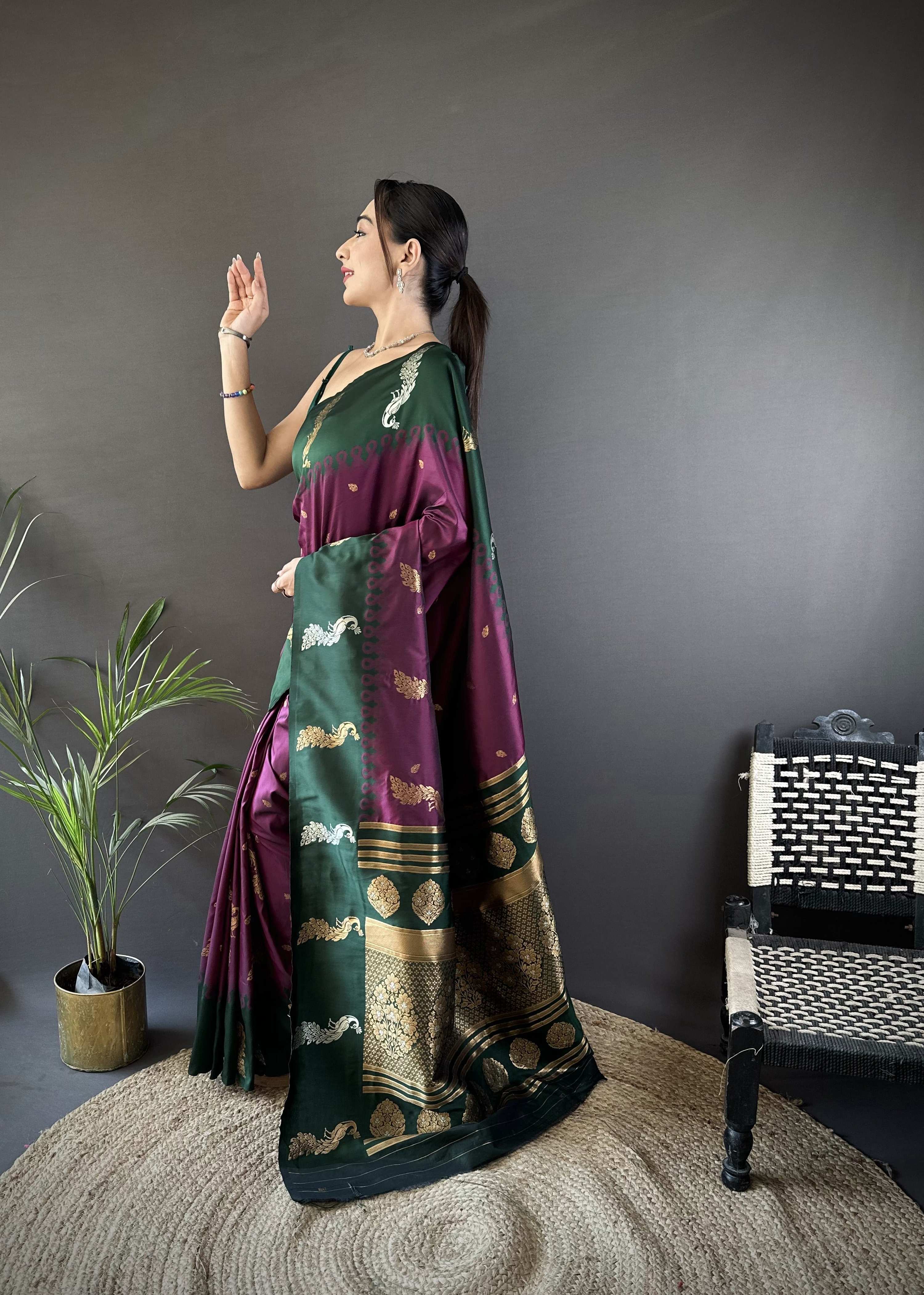 Sonakshi Women's Wine Soft Banarasi Silk Zari Weaving Traditional Saree with Blouse | Grocsy