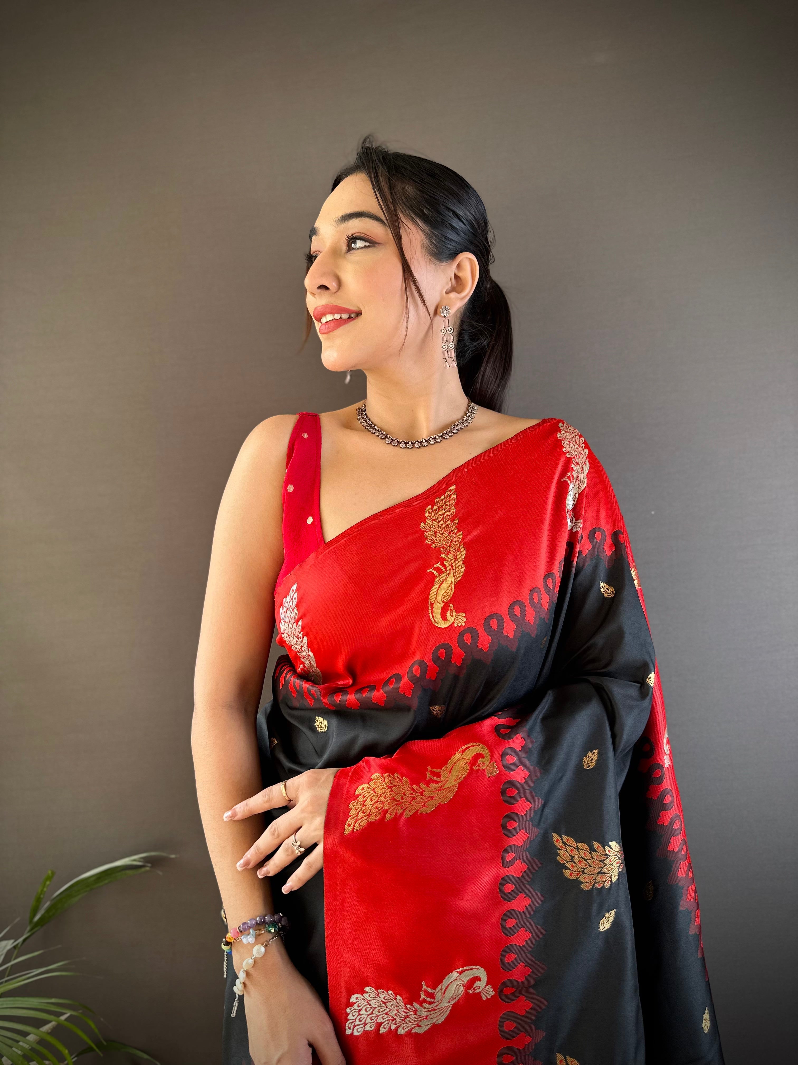 Sonakshi Women's Black Soft Banarasi Silk Zari Weaving Traditional Saree with Blouse | Grocsy