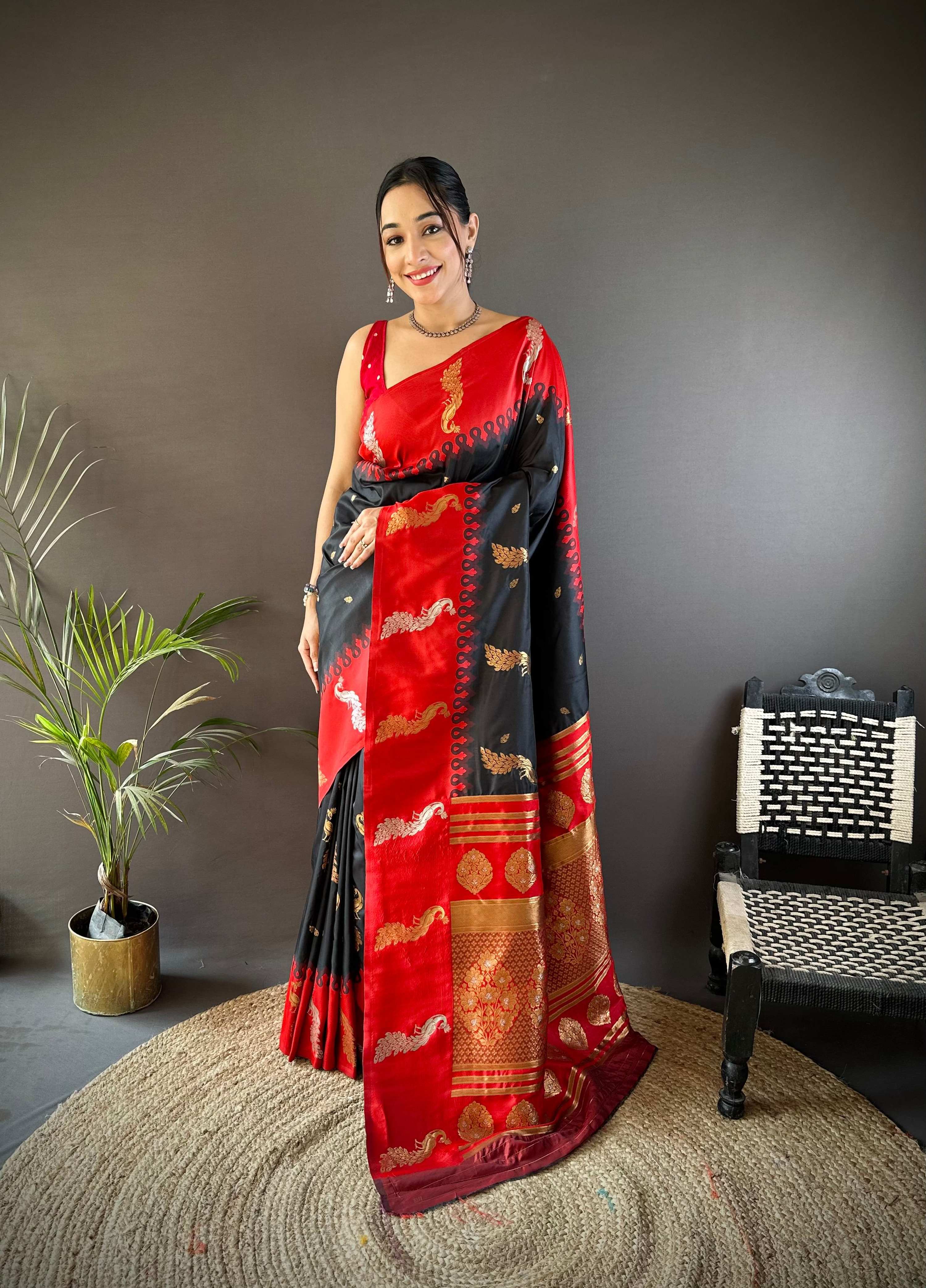 Sonakshi Women's Black Soft Banarasi Silk Zari Weaving Traditional Saree with Blouse | Grocsy