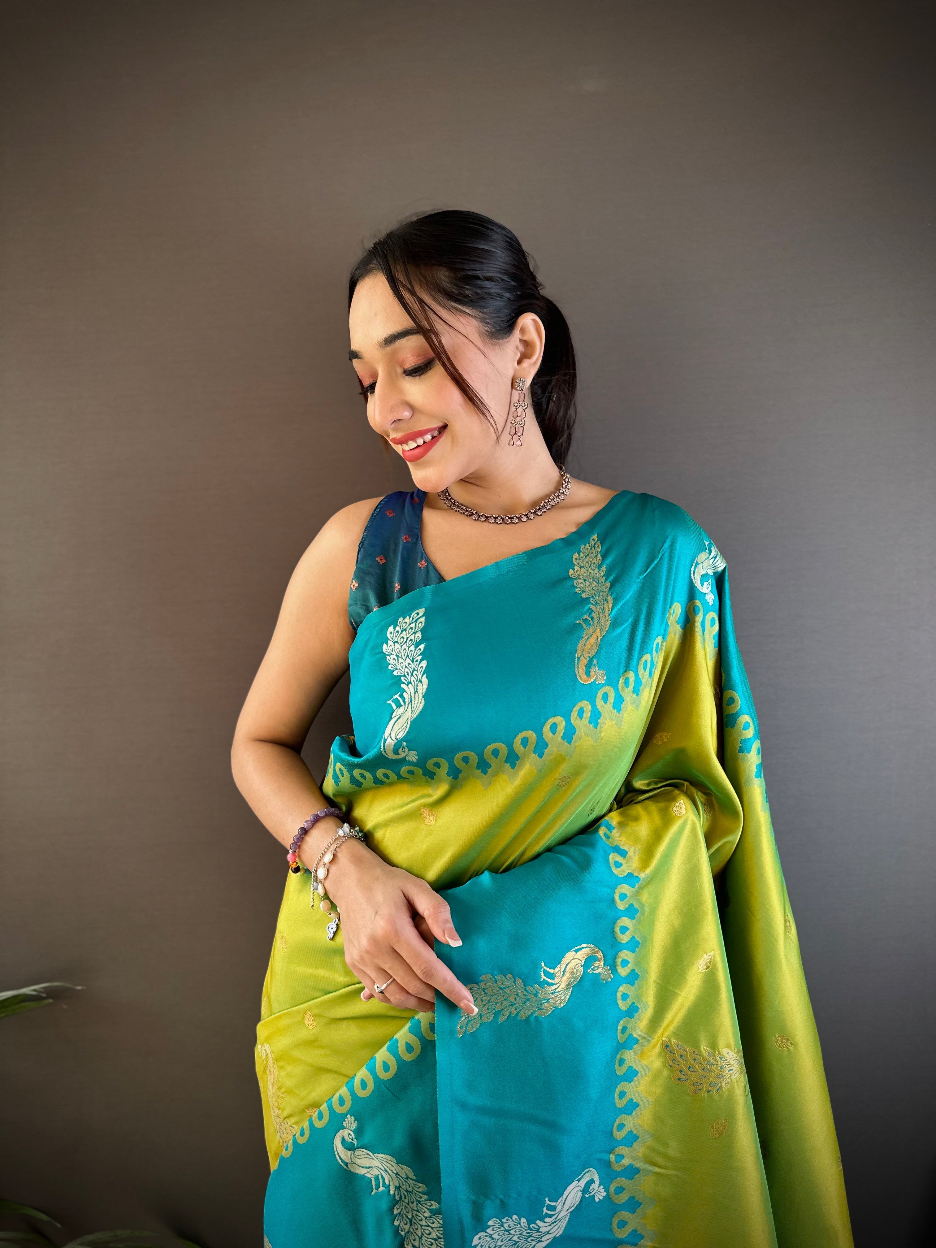 Sonakshi Women's Parrot Soft Banarasi Silk Zari Weaving Traditional Saree with Blouse | Grocsy