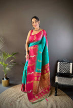 Sonakshi Women's Teal Soft Banarasi Silk Zari Weaving Traditional Saree with Blouse | Grocsy