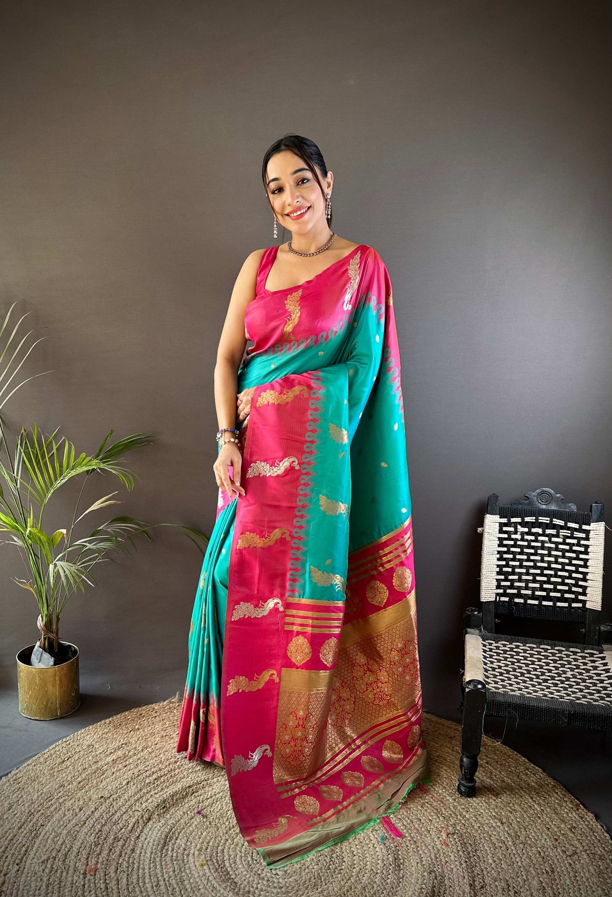 Sonakshi Women's Teal Soft Banarasi Silk Zari Weaving Traditional Saree with Blouse | Grocsy