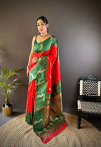Sonakshi Women's Red Soft Banarasi Silk Zari Weaving Traditional Saree with Blouse | Grocsy