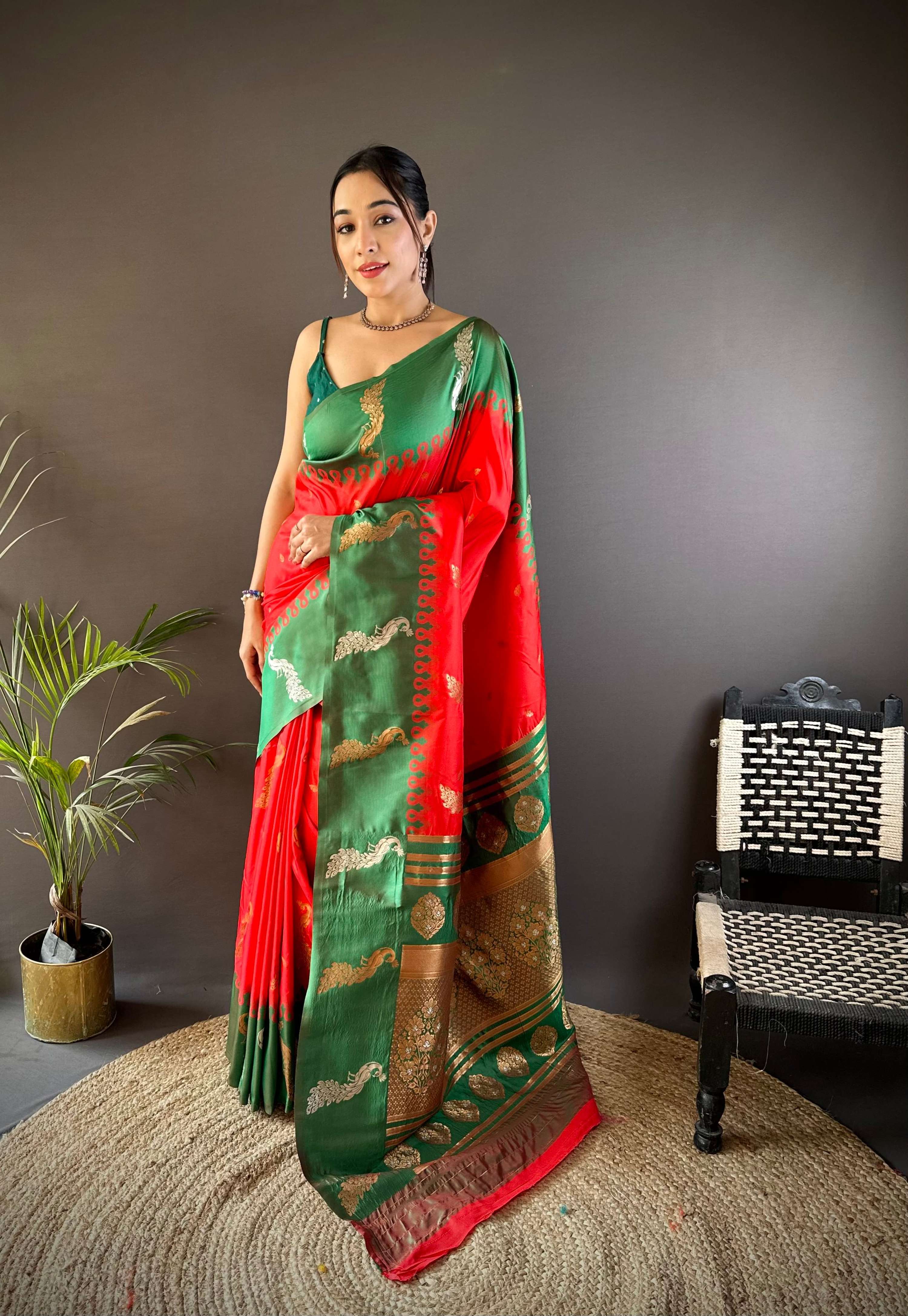 Sonakshi Women's Red Soft Banarasi Silk Zari Weaving Traditional Saree with Blouse | Grocsy