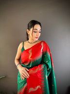 Sonakshi Women's Green Soft Banarasi Silk Zari Weaving Traditional Saree with Blouse | Grocsy