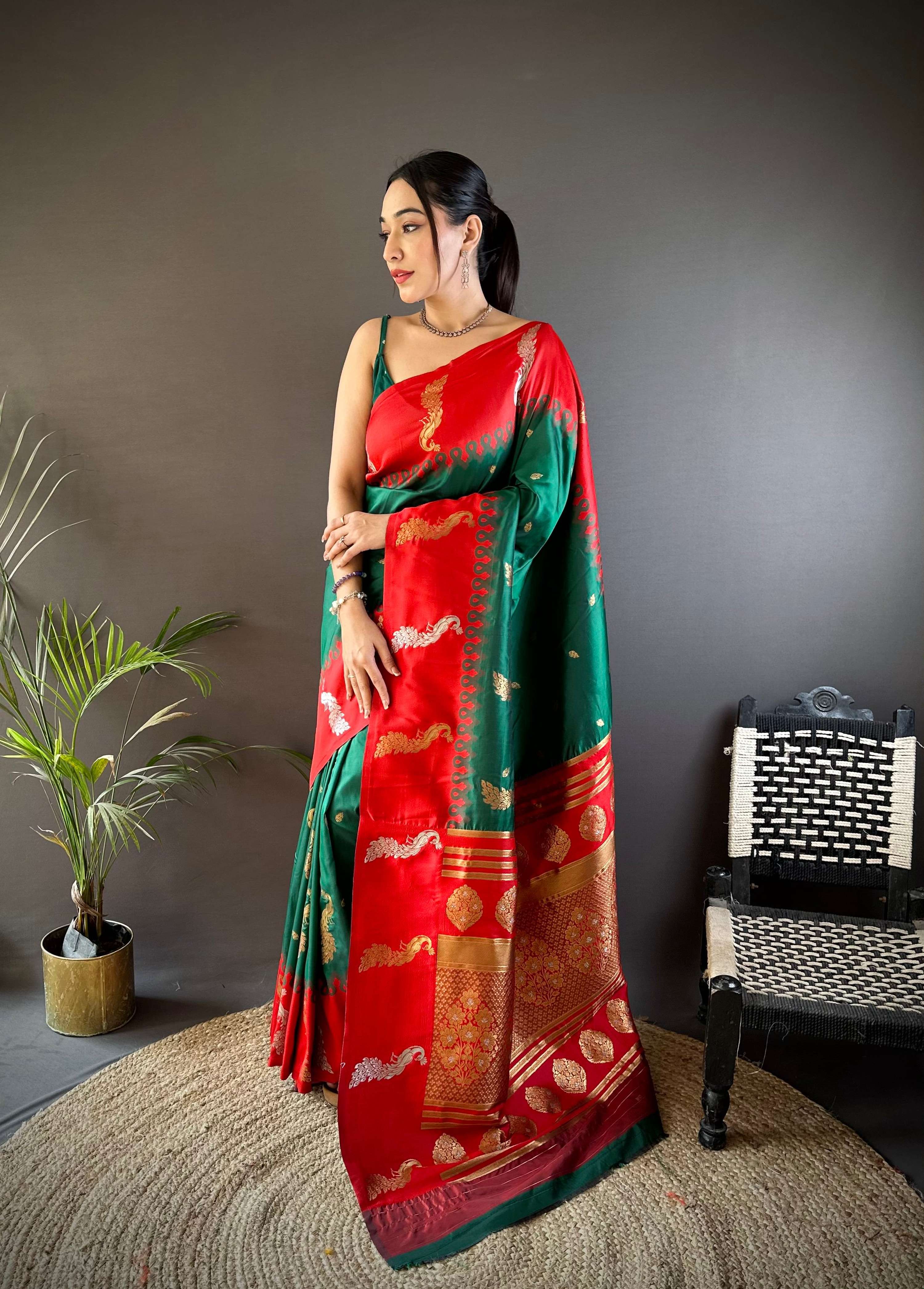 Sonakshi Women's Green Soft Banarasi Silk Zari Weaving Traditional Saree with Blouse | Grocsy