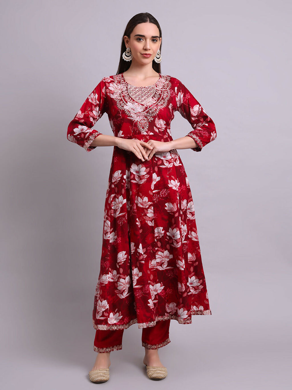 Joban Fashion Mahroon Cotton Floral Printed & Embroidery Work Anarkali Kurta With Trousers & Dupatta Set | Grocsy