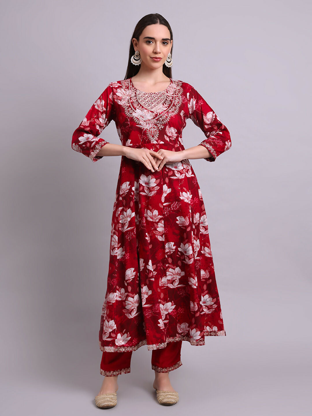 Joban Fashion Mahroon Cotton Floral Printed & Embroidery Work Anarkali Kurta With Trousers & Dupatta Set | Grocsy