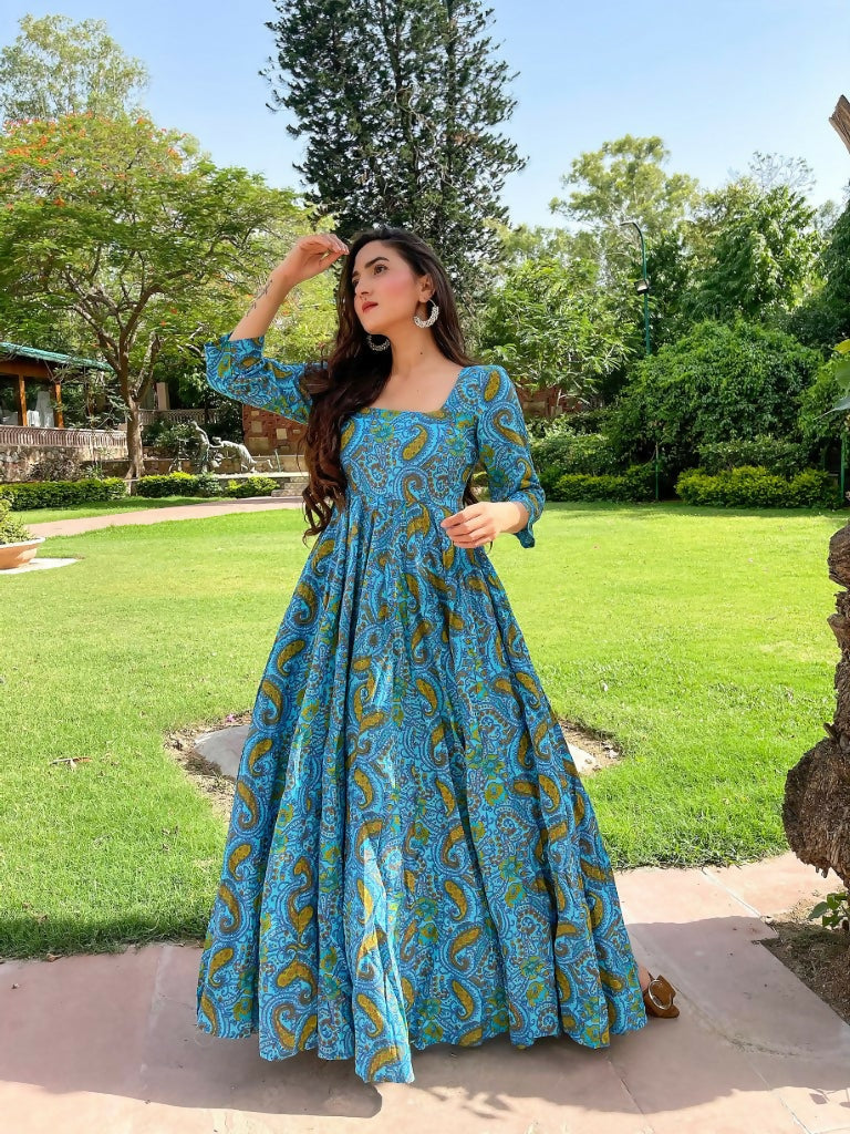 Jyoti Fashion Women's Turquoise Heavy Digital Printed Cotton Silk Anarkali Dress | Grocsy
