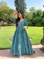 Jyoti Fashion Women's Turquoise Heavy Digital Printed Cotton Silk Anarkali Dress | Grocsy