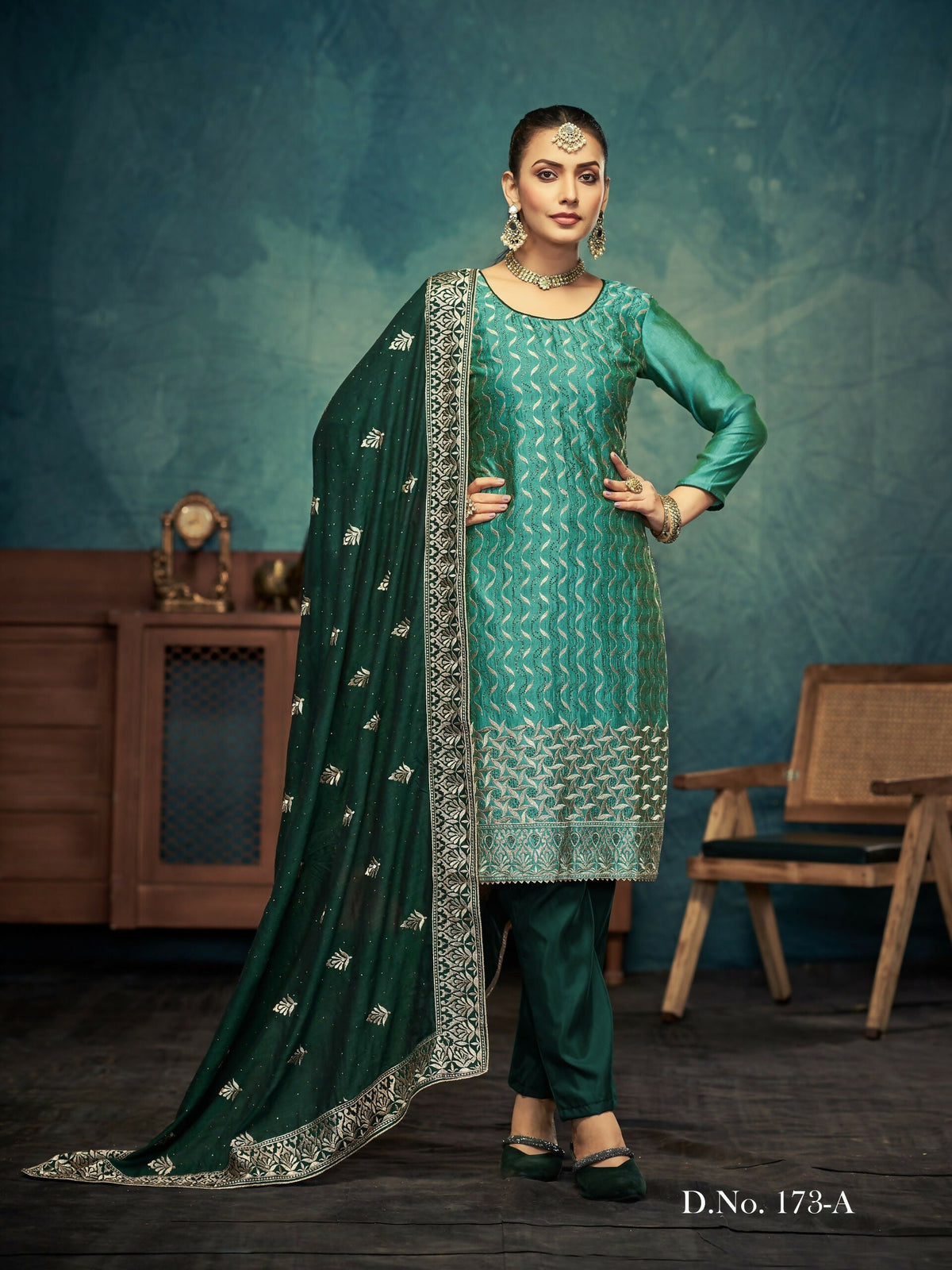 Anaita Light Green Premium Embroidered with servos waki diamond Vichitra Silk Stitched Salwar Suit | Grocsy