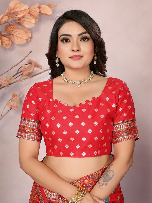 Elora Red Pashmina Silk Meenakari Weaving Madhubani Design Kashmiri Saree | Grocsy