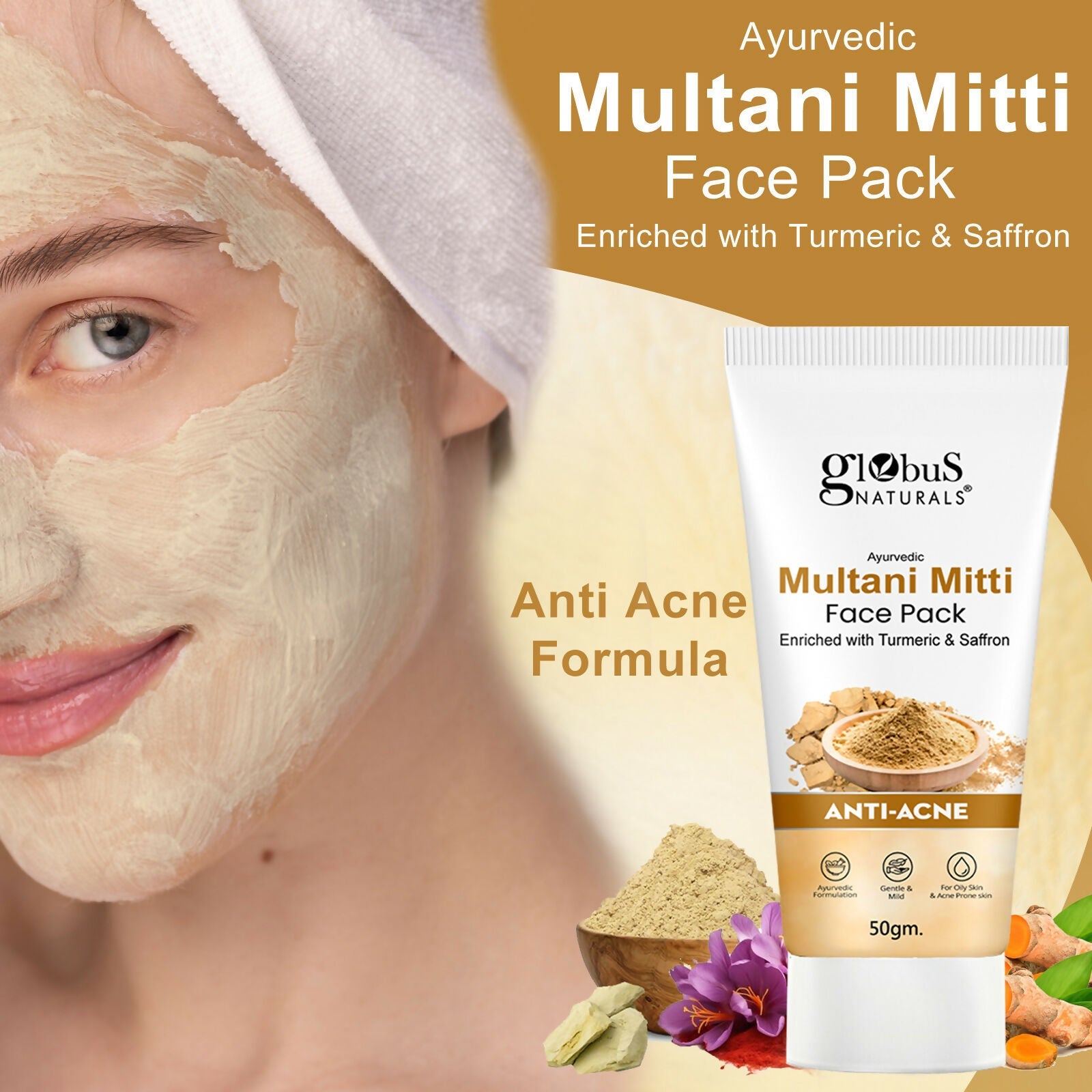 Globus Naturals Anti Acne Multani Mitti Face Pack, For Oily & Acne Prone Skin | Grocsy