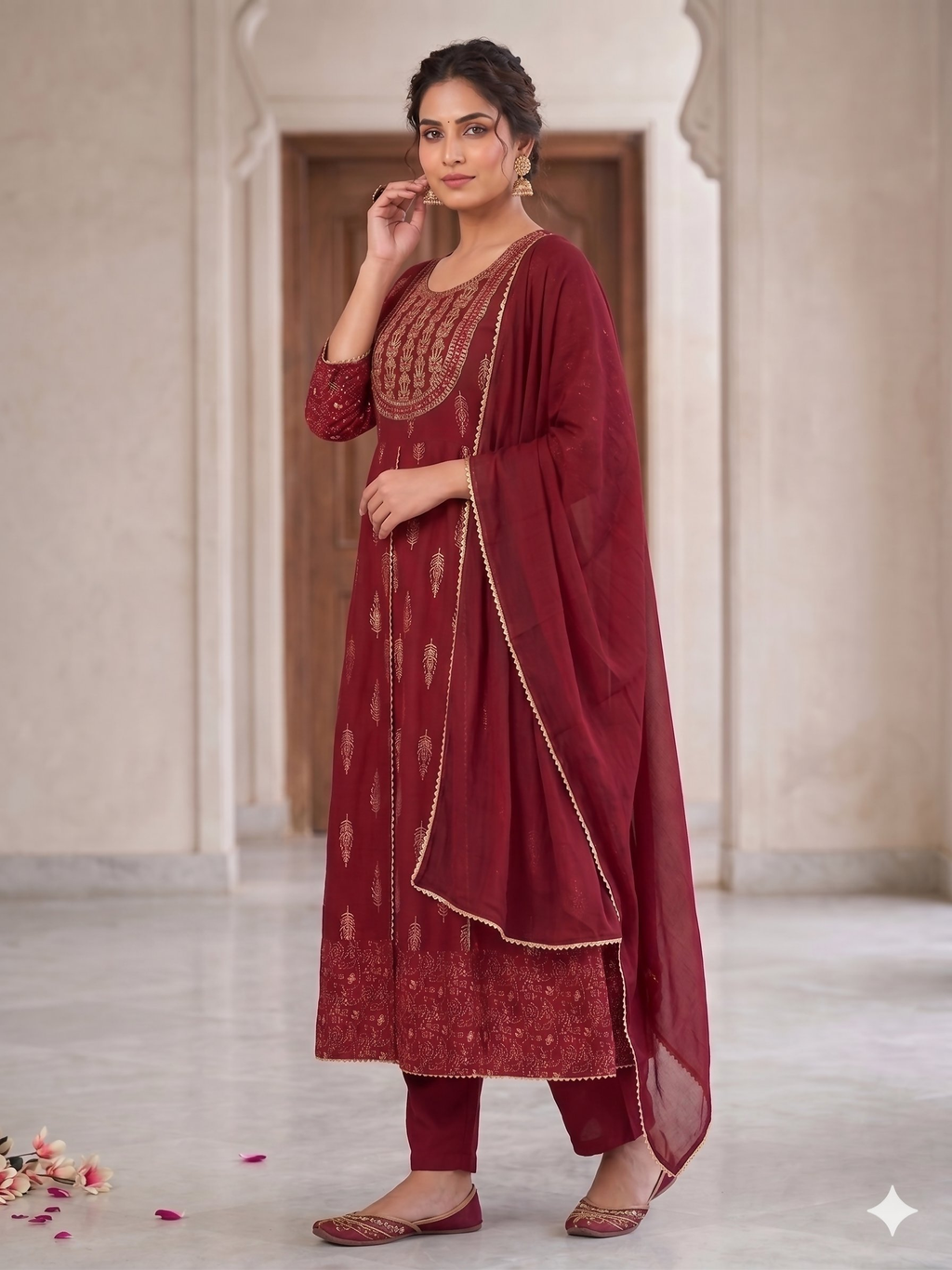 Teeya Creation Women's Maroon Fully Stitched Anarkali Kurta With Pant And Dupatta Set | Grocsy