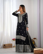 Teeya Creation Black Colour Chinnon Silk Heavy Embroidery Work Fully Stitched Salwar Suit | Grocsy