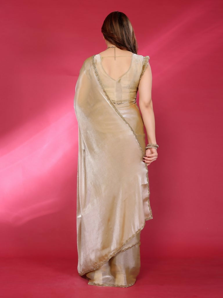 PR Fashion Bronze Jimmy Choo Fabric Palin With Work Lace Saree | Grocsy
