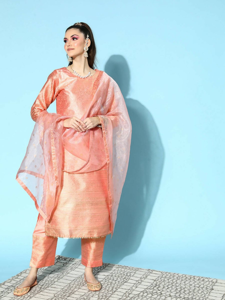 Ahalyaa Women's Peach Colour Poly Silk Printed Kurta Pant Set With Dupatta | Grocsy