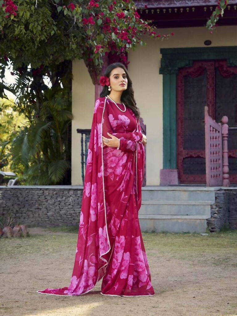 Vastranavya Pink Chiffon Floral Printed & Pearl Lace Border Saree with Unstitched Blouse | Grocsy