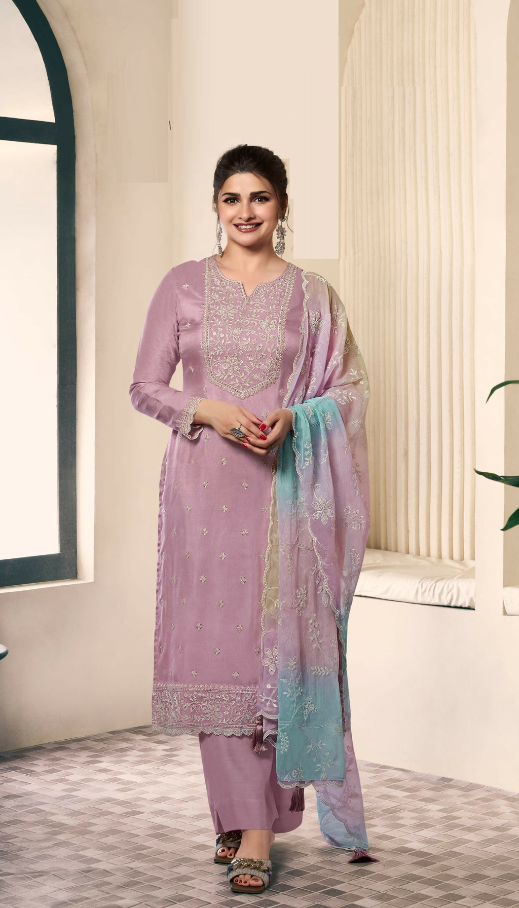 Anaita Lavender Embroidered Silk Stitched Salwar suit | Grocsy