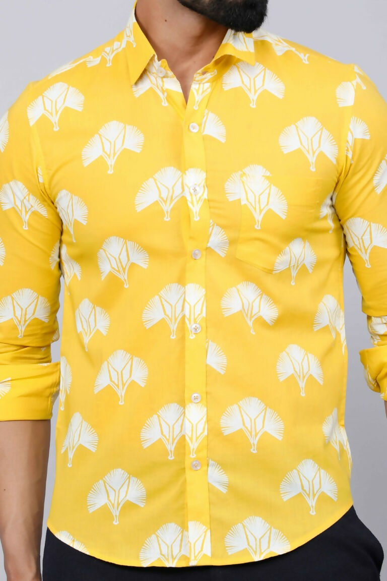 Miravan Men's Yellow and White Floral Printed Full Sleeves Cotton Casual Shirt | Grocsy