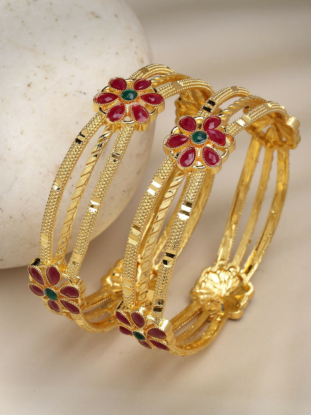 NVR Women's Set of 2 Gold-Polished Artificial Stones Handcrafted Traditional Bangles | Grocsy