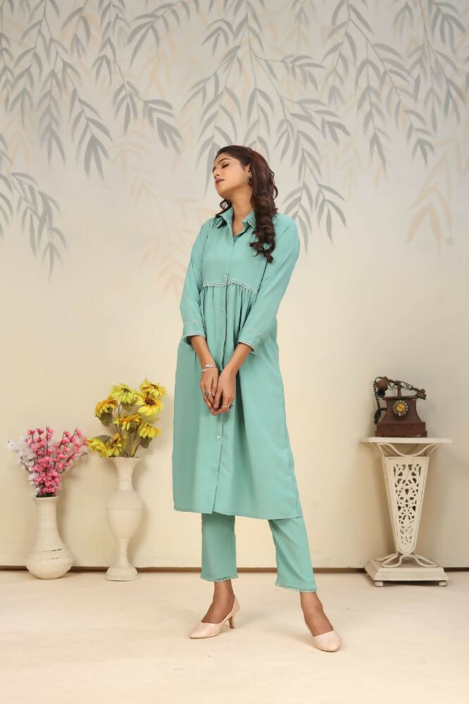 Jyoti Fashion Women's Sea Green Rinkal Cotton Plain with Side Pocket Kurtis & Sets | Grocsy