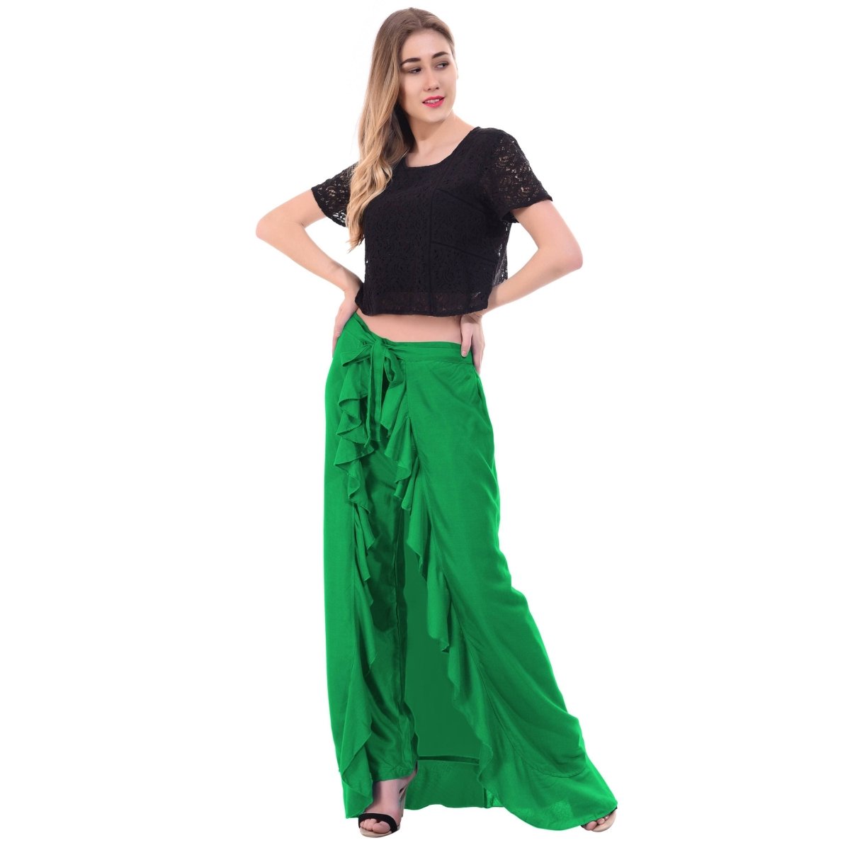Asmaani Green Color Plain Ruffle Palazzo | Grocsy