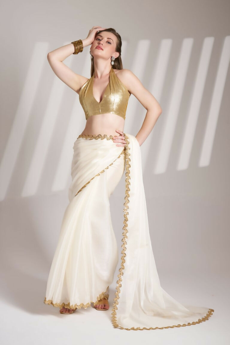 White Burberry Organza Solid Fancy Designer Saree - Nafisa | Grocsy
