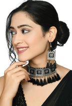 Mominos Fashion Johar Kamal Oxidised Silver-Plated Brass Finish Tassel Work Handicraft Choker For Women (Black) | Grocsy