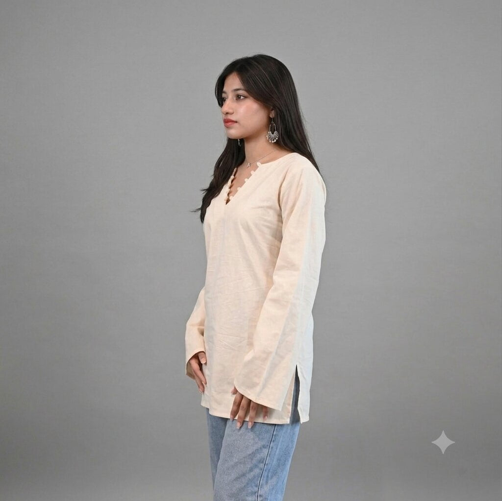 Jaitra Apparels Pure Cotton Solid Off White Straight Kurti with Back Dori | Grocsy