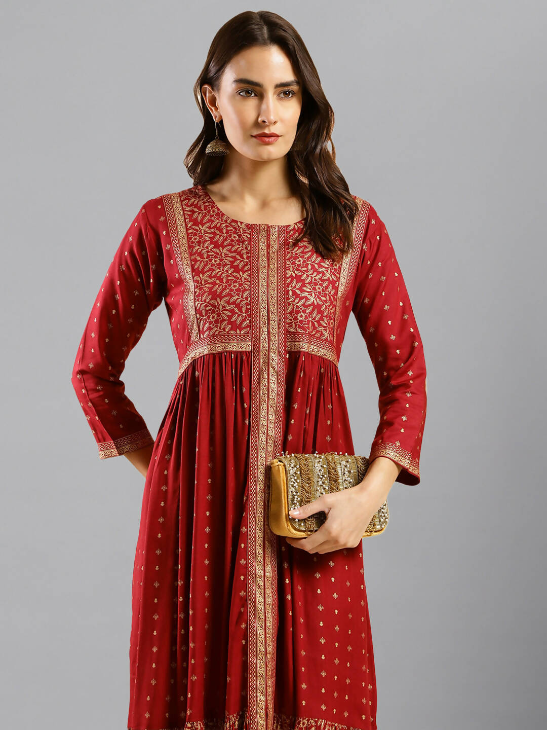 Maroon Viscose Rayon Ethnic Motifs Aline Dress - Poonam | Grocsy
