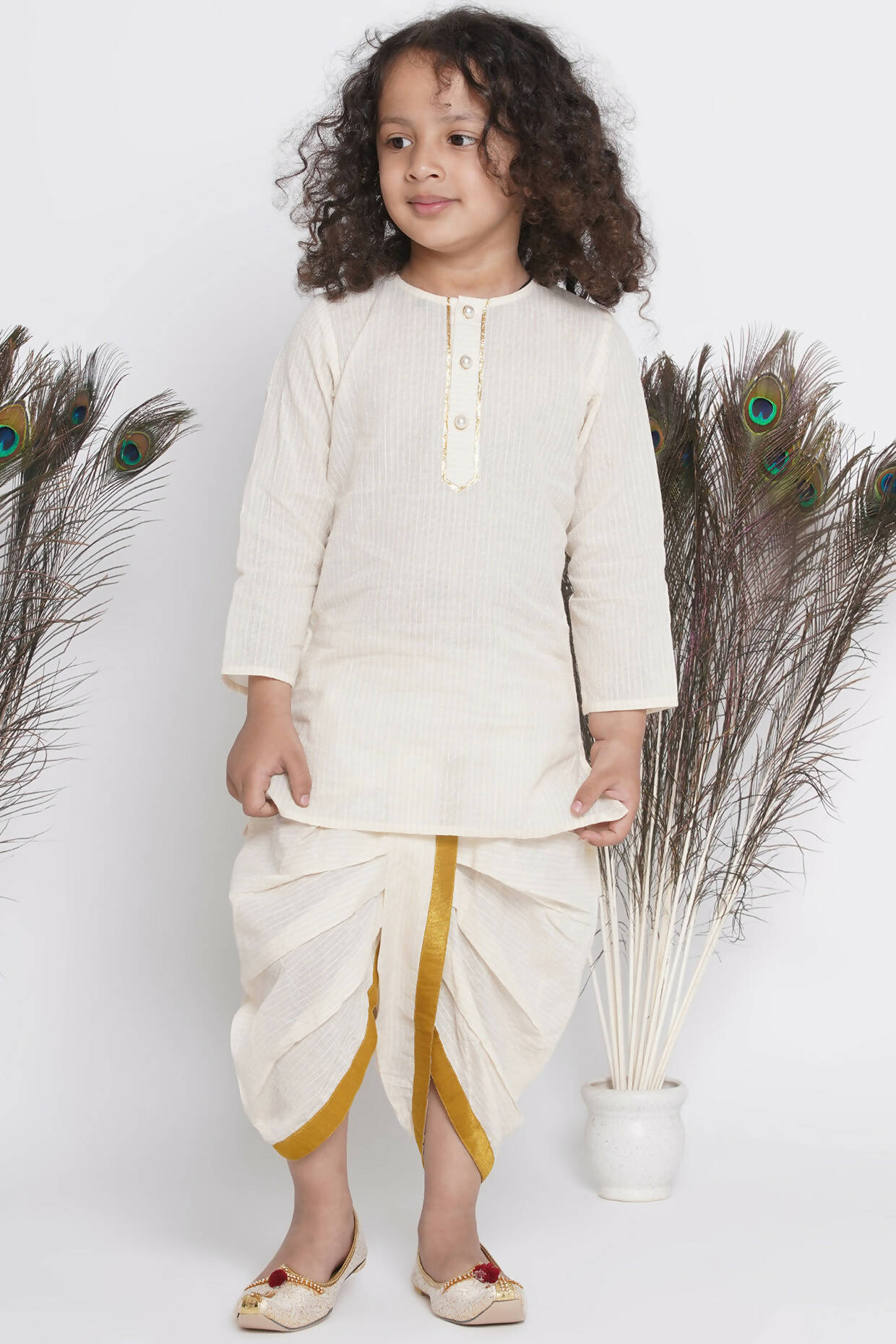 Little Bansi Banarsi Floral Embroidery Jacket Wth Cotton Kantha kurta And Kantha Dhoti - Cream | Grocsy