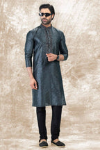 Raivat Ethnic Jacquard Silk Brocade Thread Work Kurta Pajama In Grey Colour | Grocsy