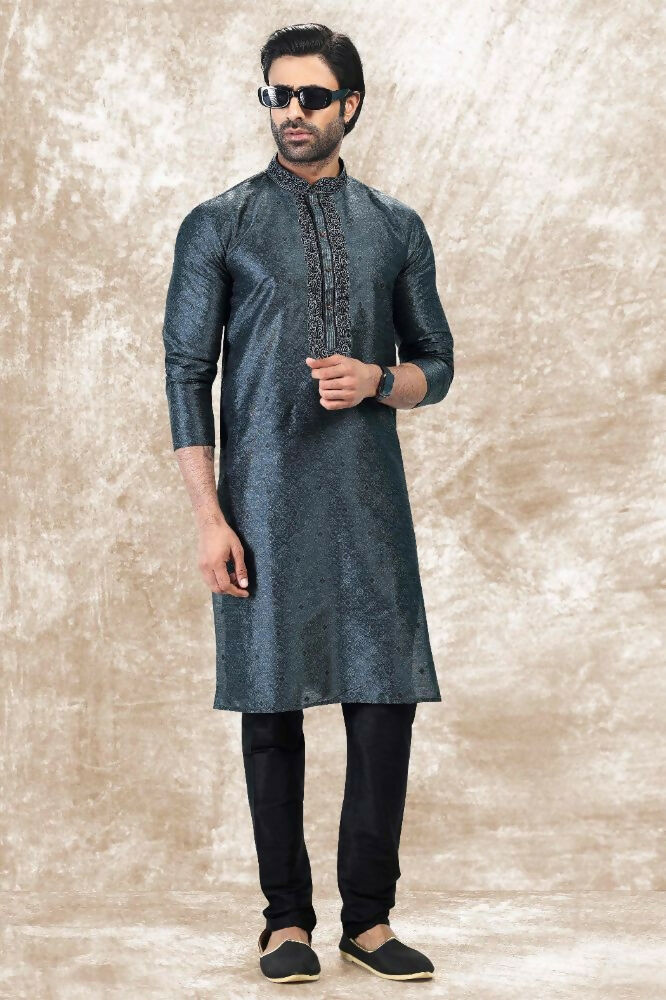 Raivat Ethnic Jacquard Silk Brocade Thread Work Kurta Pajama In Grey Colour | Grocsy