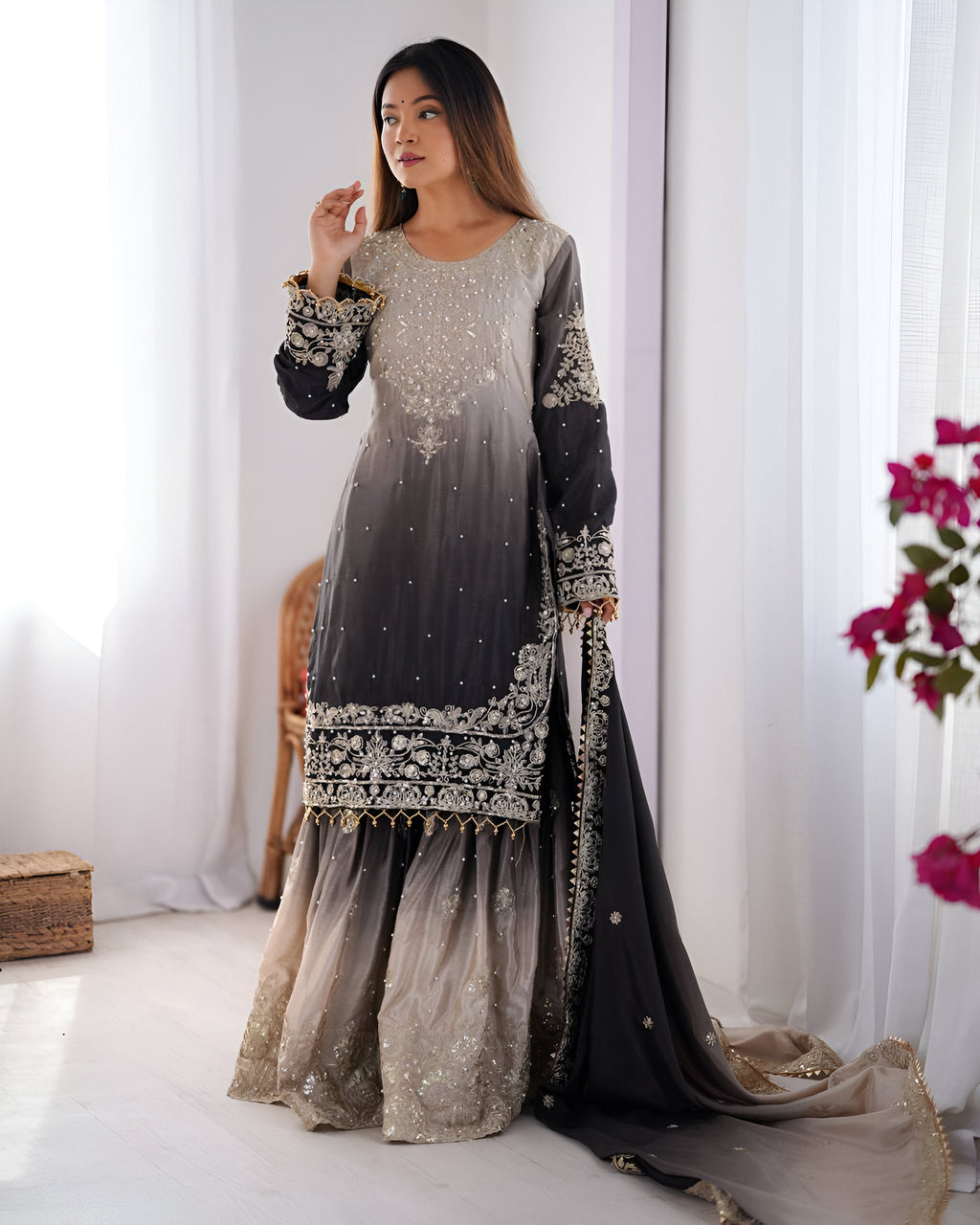 Lehenga Mart Designer Wedding Wear Palazzo Suit For Women - Grey | Grocsy
