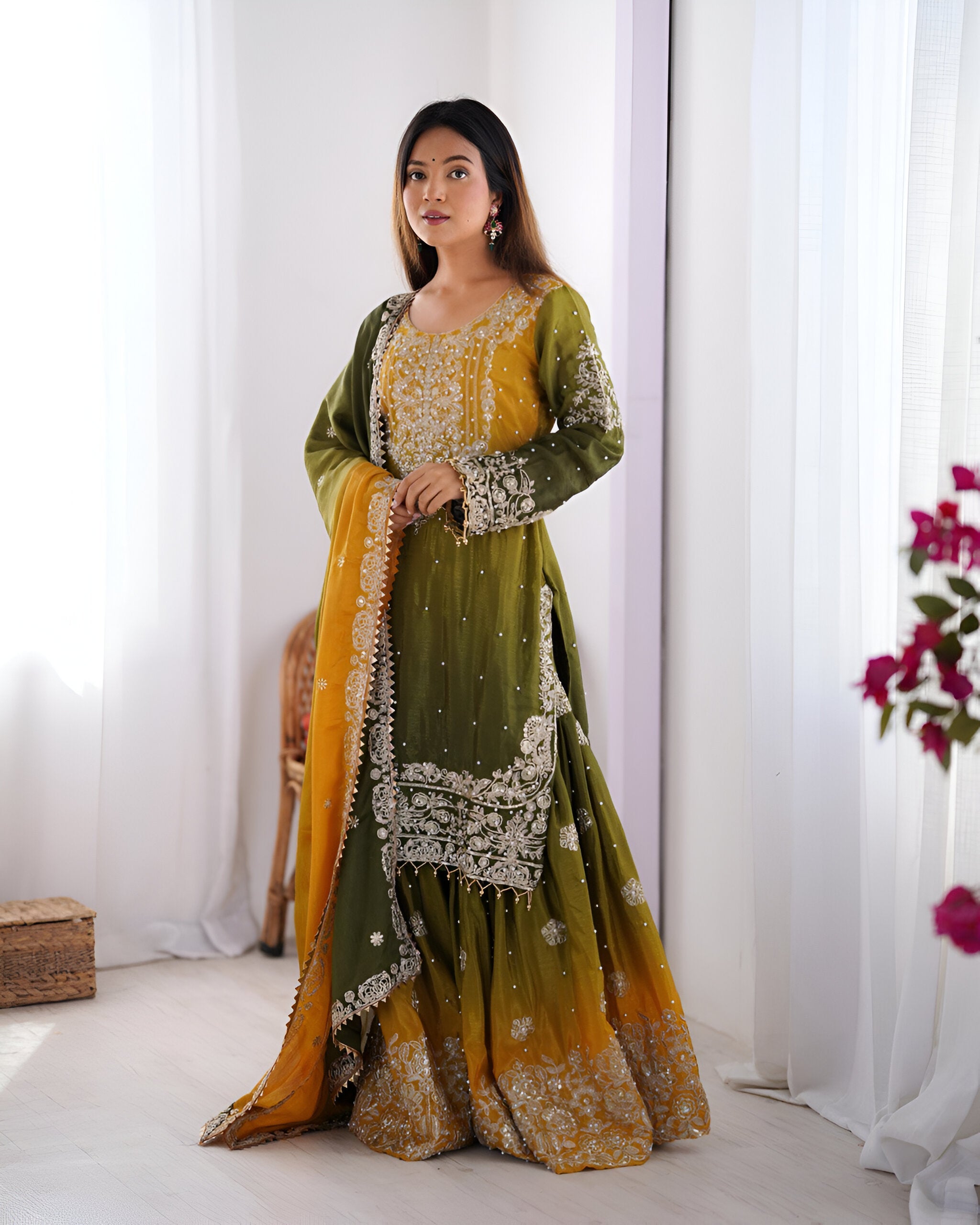 Lehenga Mart Designer Wedding Wear Palazzo Suit For Women - Mehndi | Grocsy