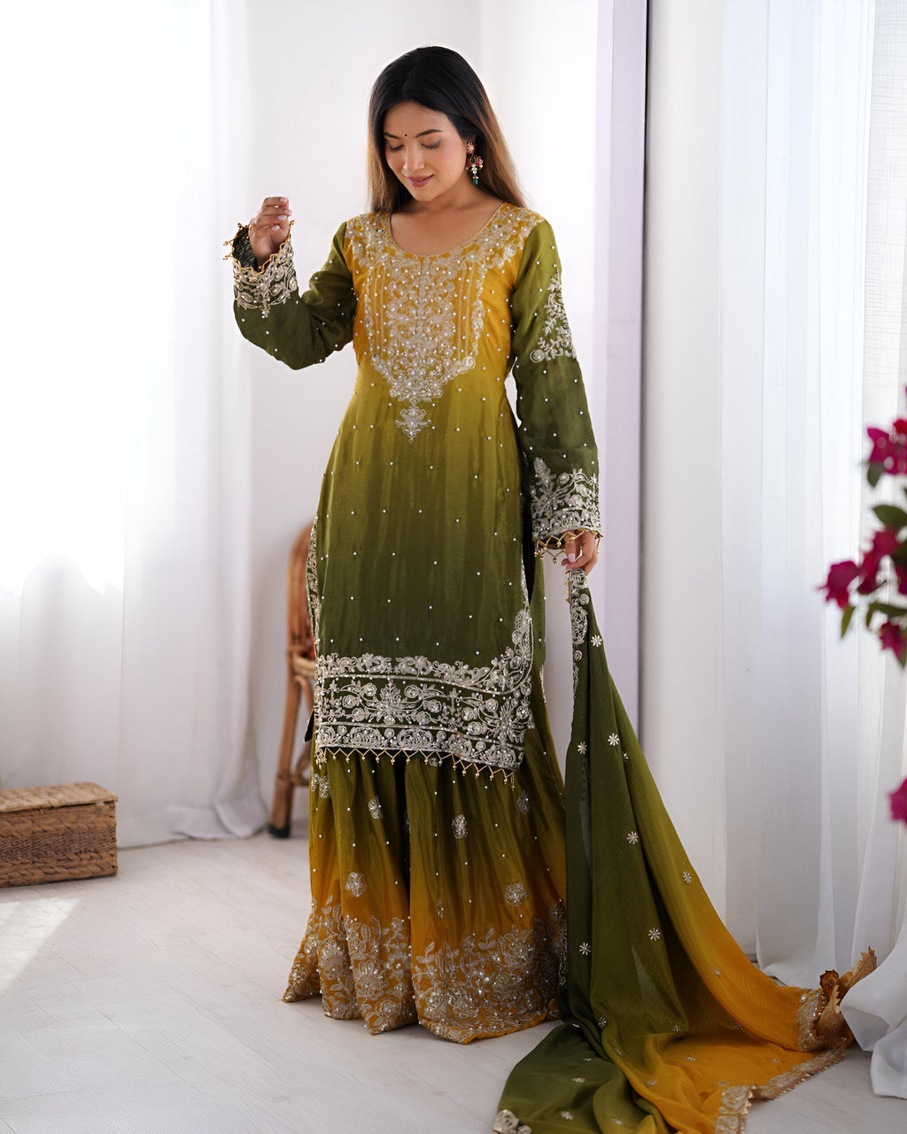 Lehenga Mart Designer Wedding Wear Palazzo Suit For Women - Mehndi | Grocsy