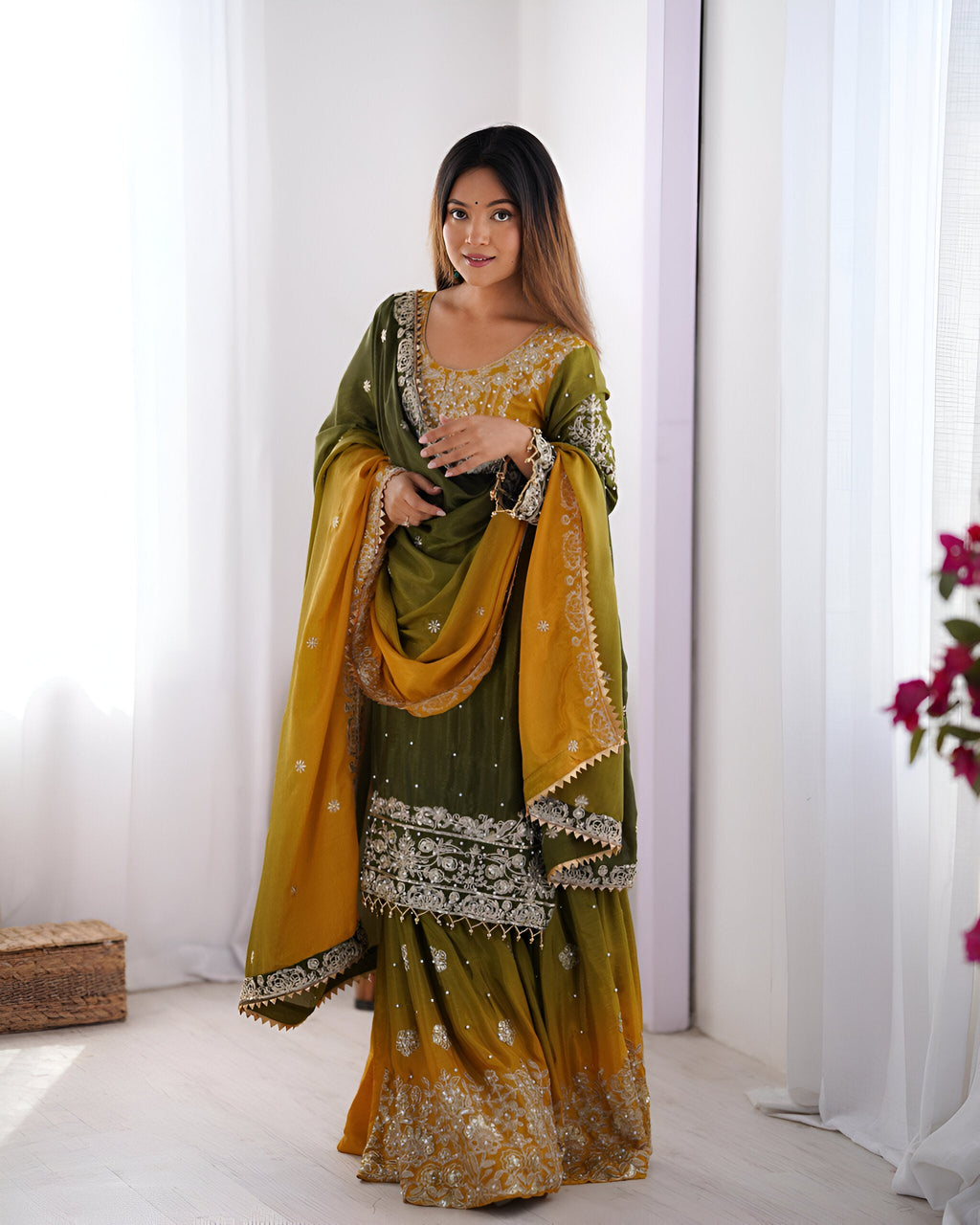 Lehenga Mart Designer Wedding Wear Palazzo Suit For Women - Mehndi | Grocsy