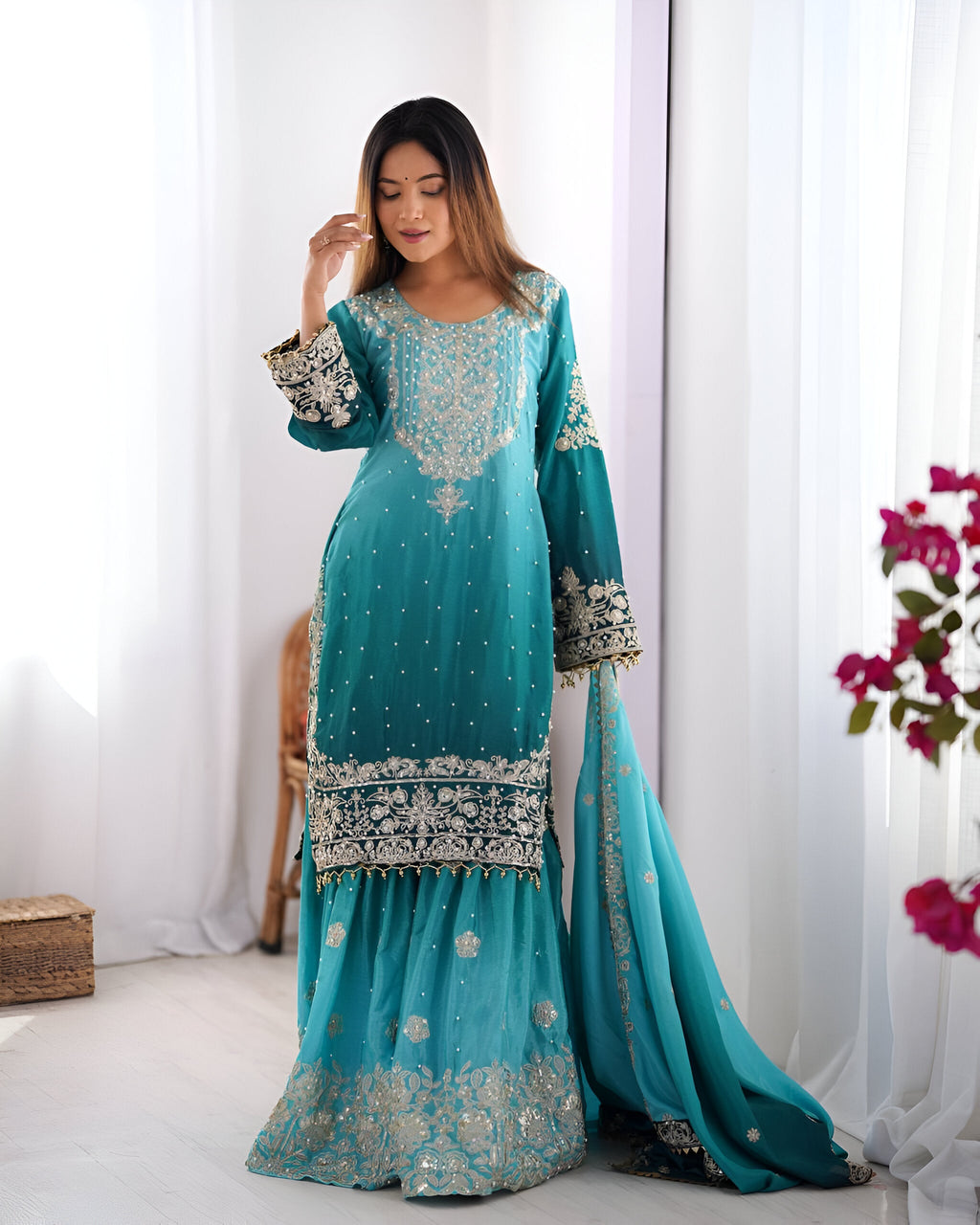Lehenga Mart Designer Wedding Wear Palazzo Suit For Women - Sky Blue | Grocsy